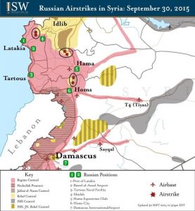 Rusya'nın 30 Eylül'de bombaladığı muhalif bölgeleri Kaynak : Institute for the Study of War