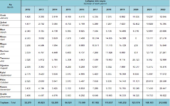 Yıllara Göre Türkiye’deki Yabancılara Verilen Çalışma İzni Sayısı